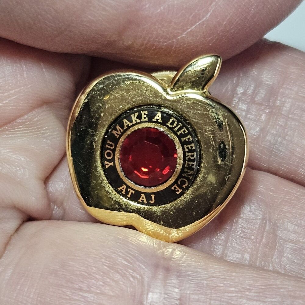 Gold Tone Red Rhinestone You Make a Difference Apple Pin AT AJ
